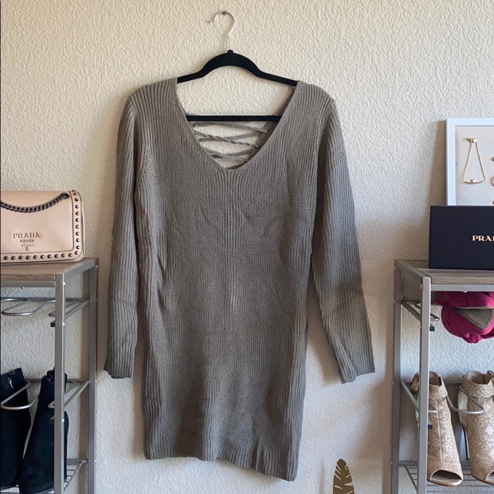 Lace Up Back Grey Sweater Dress